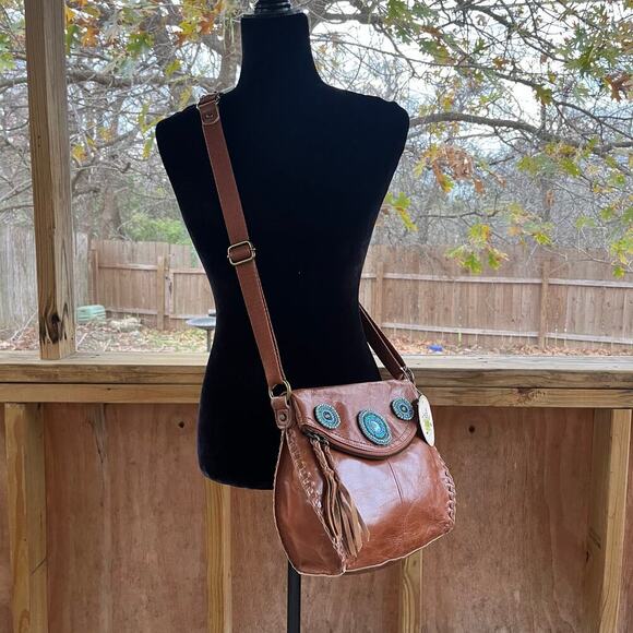 The Sak Brown Leather Medium Crossbody Turquoise Beaded Accents. NEW - Picture 1 of 14